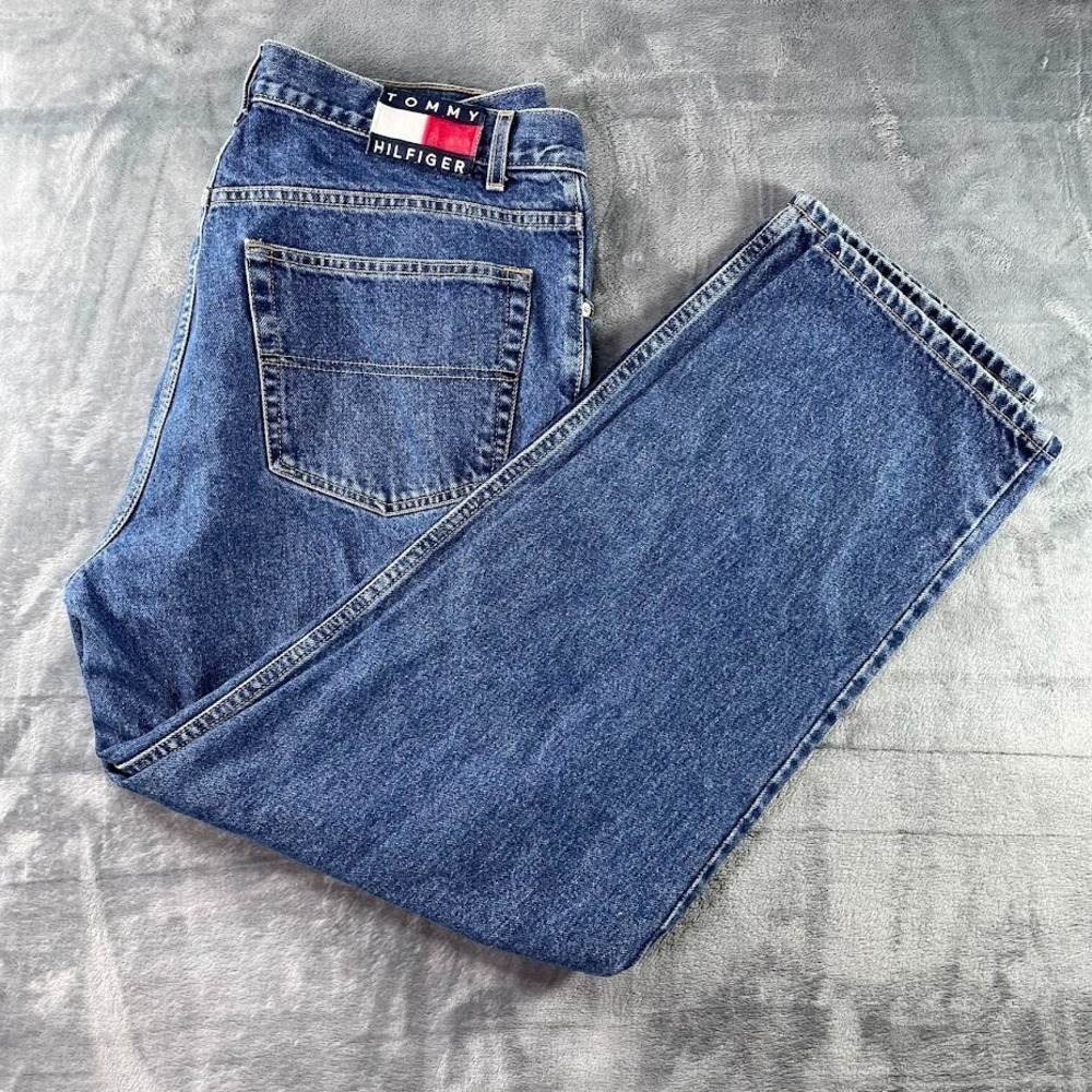 Tommy Hilfiger Jeans Mens‎ 38x32 Fits 36x32 Baggy Flag Classic Blue Denim Vtg